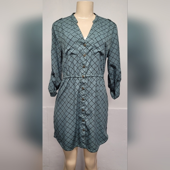 O'Neill Diamond Pattern Button Down Dress M Adjustable Sleeve Like New - Picture 1 of 6
